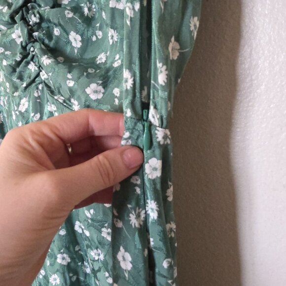 Free People Bond Street Mini Dress Green Floral Ruched Puff Sleeve Size 4 - Picture 10 of 16